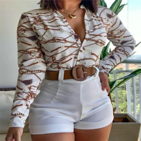 Women High Waist Shorts Sets Long Sleeve Fashion Two Piece Set